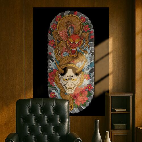 龍 鬼 花 波 鱗 タペストリー 和モダン 和柄 浮世絵風 刺青風 昭和レトロ 壁掛け 大判 長方形 タトゥー ジャパニーズ 男気 アウトロー 壁布 赤 オレンジ 黄色