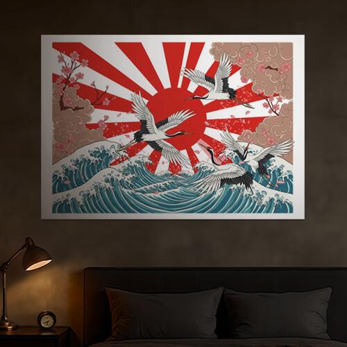 鶴 波 桜 旭日 平和 タペストリー 和モダン 和柄 浮世絵風 刺青風 昭和レトロ 壁掛け 大判 長方形 タトゥー ジャパニーズ 男気 アウトロー 壁布 白 黒 赤