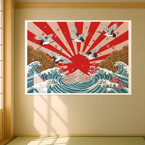 鶴 波 桜 太陽 富士山 タペストリー 和モダン 和柄 浮世絵風 刺青風 昭和レトロ 壁掛け 大判 長方形 タトゥー ジャパニーズ 男気 アウトロー 壁布 赤 白 黒