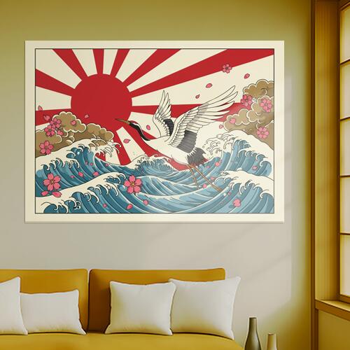 鶴 波 桜 太陽 雲 タペストリー 和モダン 和柄 浮世絵風 刺青風 昭和レトロ 壁掛け 大判 長方形 タトゥー ジャパニーズ 男気 アウトロー 壁布 白 黒 赤