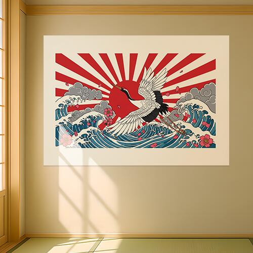 鶴 波 太陽 雲 桜 タペストリー 和モダン 和柄 浮世絵風 刺青風 昭和レトロ 壁掛け 大判 長方形 タトゥー ジャパニーズ 男気 アウトロー 壁布 白 黒 赤