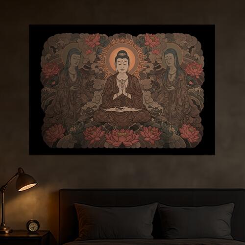 仏像 蓮の花 光背 瞑想 悟り タペストリー 和モダン 和柄 浮世絵風 刺青風 昭和レトロ 壁掛け 大判 長..