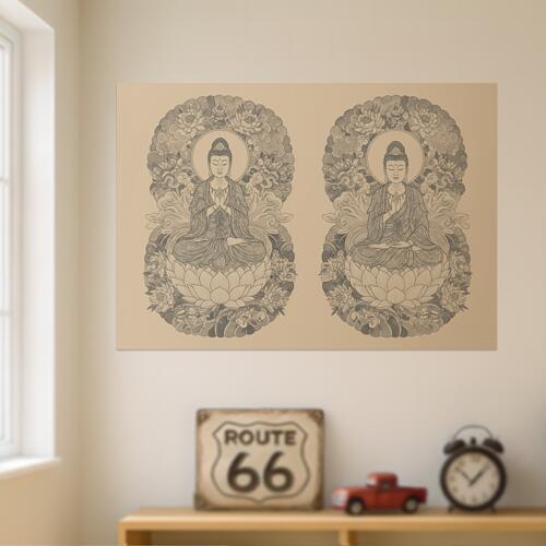 仏像 蓮 悟り 平和 瞑想 タペストリー 和モダン 和柄 浮世絵風 刺青風 昭和レトロ 壁掛け 大判 長方形 タトゥー ジャパニーズ 男気 アウトロー 壁布 ベージュ グレー