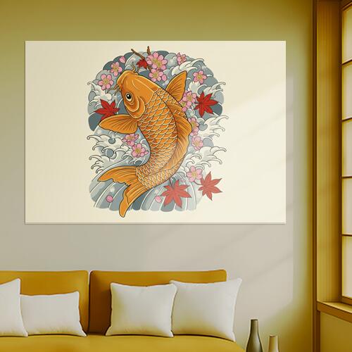 鯉 桜 紅葉 波 日本画 タペストリー 和モダン 和柄 浮世絵風 刺青風 昭和レトロ 壁掛け 大判 長方形 タトゥー ジャパニーズ 男気 アウトロー 壁布 オレンジ ピンク グレー