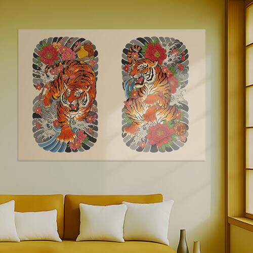 虎 花 波 牡丹 伝統 タペストリー 和モダン 和柄 浮世絵風 刺青風 昭和レトロ 壁掛け 大判 長方形 タトゥー ジャパニーズ 男気 アウトロー 壁布 オレンジ 赤 ピンク