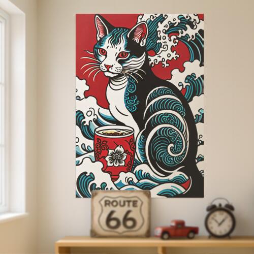 猫 波 カップ 花 日本画 タペストリー 和モダン 和柄 浮世絵風 刺青風 昭和レトロ 壁掛け 大判 長方形 タトゥー ジャパニーズ 男気 アウトロー 壁布 赤 黒 白
