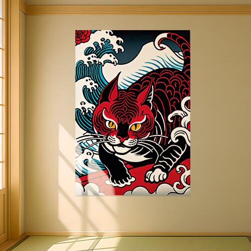 猫 波 浮世絵 縁起物 魔除け タペストリー 和モダン 和柄 浮世絵風 刺青風 昭和レトロ 壁掛け 大判 長方形 タトゥー ジャパニーズ 男気 アウトロー 壁布 赤 黒 白