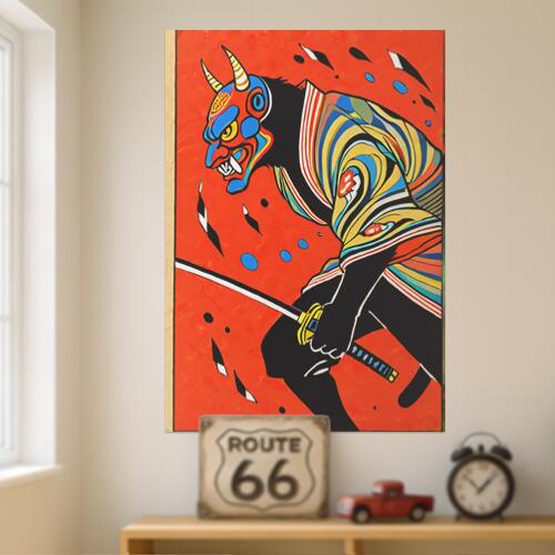 鬼 侍 刀 武士道 妖怪 タペストリー 和モダン 和柄 浮世絵風 刺青風 昭和レトロ 壁掛け 大判 長方形 タトゥー ジャパニーズ 男気 アウトロー 壁布 赤 青 黄色