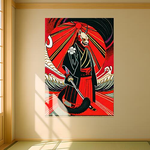 侍 武士道 鬼 狐 日本画 タペストリー 和モダン 和柄 浮世絵風 刺青風 昭和レトロ 壁掛け 大判 長方形 タトゥー ジャパニーズ 男気 アウトロー 壁布 赤 黒 白