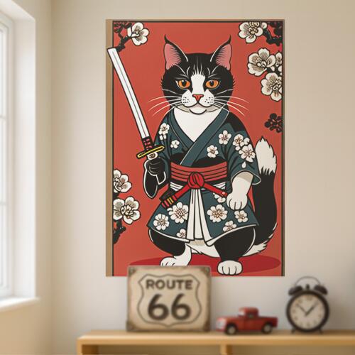 猫 侍 着物 日本刀 花 タペストリー 和モダン 和柄 浮世絵風 刺青風 昭和レトロ 壁掛け 大判 長方形 タトゥー ジャパニーズ 男気 アウトロー 壁布 赤 黒 白