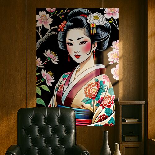 芸者 着物 花 日本 美人 タペストリー 和モダン 和柄 浮世絵風 刺青風 昭和レトロ 壁掛け 大判 長方形 タトゥー ジャパニーズ 男気 アウトロー 壁布 白 赤 ピンク