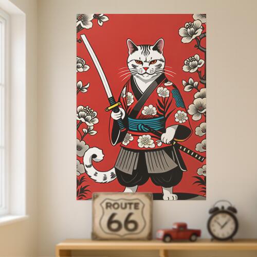 猫 侍 武士道 日本刀 着物 タペストリー 和モダン 和柄 浮世絵風 刺青風 昭和レトロ 壁掛け 大判 長方形 タトゥー ジャパニーズ 男気 アウトロー 壁布 赤 白 黒