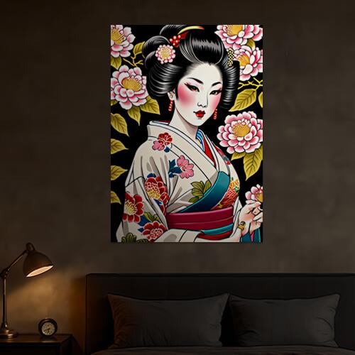 芸者 着物 花 日本 美 タペストリー 和モダン 和柄 浮世絵風 刺青風 昭和レトロ 壁掛け 大判 長方形 タトゥー ジャパニーズ 男気 アウトロー 壁布 白 赤 ピンク