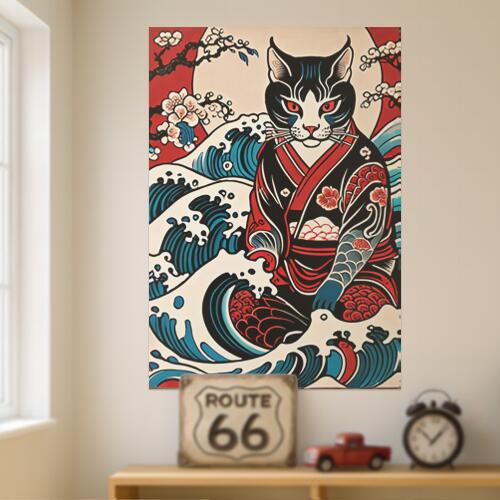猫 着物 波 桜 月 タペストリー 和モダン 和柄 浮世絵風 刺青風 昭和レトロ 壁掛け 大判 長方形 タトゥー ジャパニーズ 男気 アウトロー 壁布 赤 黒 白