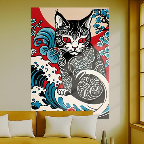 猫 波 花 月 桜 タペストリー 和モダン 和柄 浮世絵風 刺青風 昭和レトロ 壁掛け 大判 長方形 タトゥー ジャパニーズ 男気 アウトロー 壁布 赤 黒 白