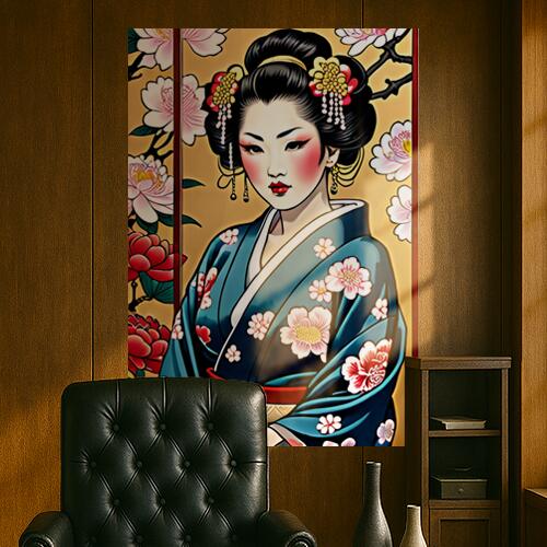 芸者 着物 花 日本画 美人 タペストリー 和モダン 和柄 浮世絵風 刺青風 昭和レトロ 壁掛け 大判 長方形 タトゥー ジャパニーズ 男気 アウトロー 壁布 青 白 赤
