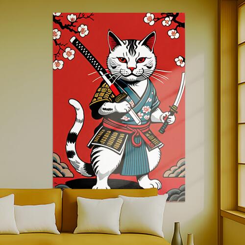 猫 武士 刀 桜 着物 タペストリー 和モダン 和柄 浮世絵風 刺青風 昭和レトロ 壁掛け 大判 長方形 タトゥー ジャパニーズ 男気 アウトロー 壁布 赤 白 黒