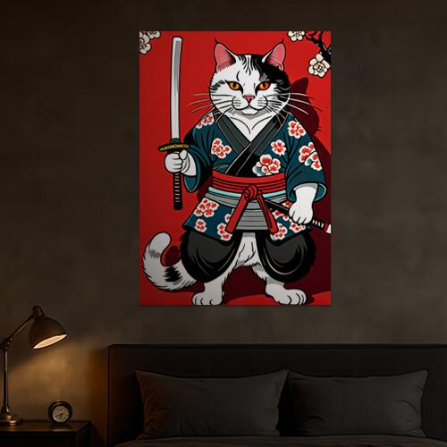 猫 侍 武士道 日本刀 着物 タペストリー 和モダン 和柄 浮世絵風 刺青風 昭和レトロ 壁掛け 大判 長方形 タトゥー ジャパニーズ 男気 アウトロー 壁布 赤 白 黒