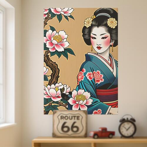 芸者 着物 花 日本画 美人 タペストリー 和モダン 和柄 浮世絵風 刺青風 昭和レトロ 壁掛け 大判 長方形 タトゥー ジャパニーズ 男気 アウトロー 壁布 白 赤 ピンク
