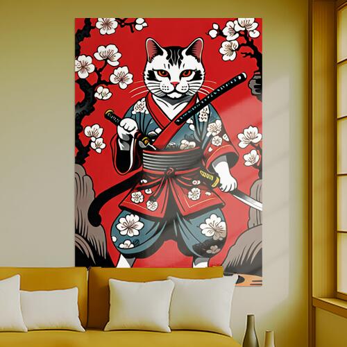 猫 侍 着物 桜 武士道 タペストリー 和モダン 和柄 浮世絵風 刺青風 昭和レトロ 壁掛け 大判 長方形 タトゥー ジャパニーズ 男気 アウトロー 壁布 赤 白 黒