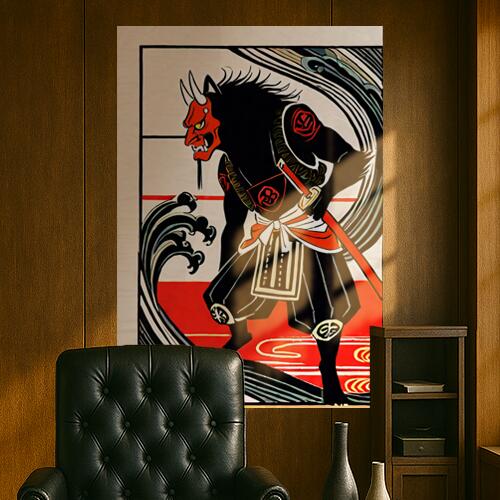 鬼 武士 侍 波 日本画 タペストリー 和モダン 和柄 浮世絵風 刺青風 昭和レトロ 壁掛け 大判 長方形 タトゥー ジャパニーズ 男気 アウトロー 壁布 赤 黒 白