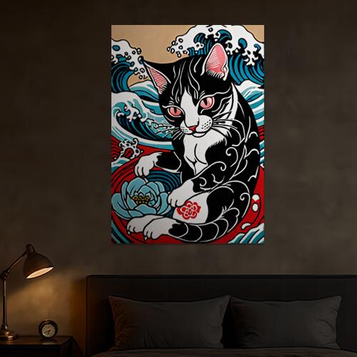 猫 波 花 日本画 浮世絵 タペストリー 和モダン 和柄 浮世絵風 刺青風 昭和レトロ 壁掛け 大判 長方形 タトゥー ジャパニーズ 男気 アウトロー 壁布 黒 白 赤