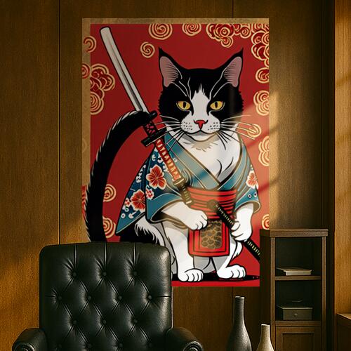 猫 侍 着物 刀 武士道 タペストリー 和モダン 和柄 浮世絵風 刺青風 昭和レトロ 壁掛け 大判 長方形 タトゥー ジャパニーズ 男気 アウトロー 壁布 黒 白 赤