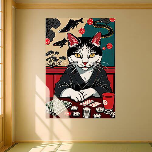 猫 ポーカー 魚 蛇 お金 タペストリー 和モダン 和柄 浮世絵風 刺青風 昭和レトロ 壁掛け 大判 長方形 タトゥー ジャパニーズ 男気 アウトロー 壁布 白 黒 赤
