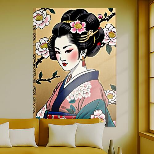 芸者 着物 花 日本画 美人画 タペストリー 和モダン 和柄 浮世絵風 刺青風 昭和レトロ 壁掛け 大判 長方形 タトゥー ジャパニーズ 男気 アウトロー 壁布 白 ピンク 黒