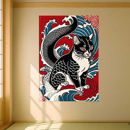 猫 波 龍 幸運 魔除け タペストリー 和モダン 和柄 浮世絵風 刺青風 昭和レトロ 壁掛け 大判 長方形 タトゥー ジャパニーズ 男気 アウトロー 壁布 赤 黒 白
