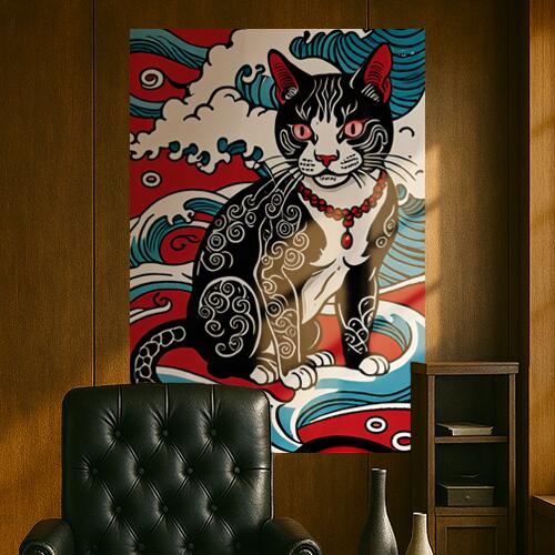 猫 波 和柄 首飾り 魔除け タペストリー 和モダン 浮世絵風 刺青風 昭和レトロ 壁掛け 大判 長方形 タ..