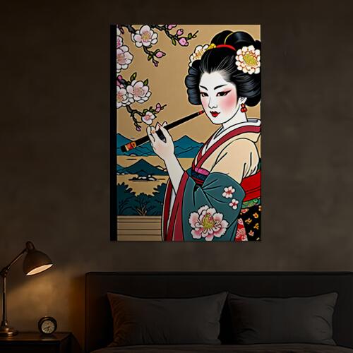 芸者 着物 花 桜 日本美術 タペストリー 和モダン 和柄 浮世絵風 刺青風 昭和レトロ 壁掛け 大判 長方形 タトゥー ジャパニーズ 男気 アウトロー 壁布 白 赤 ピンク