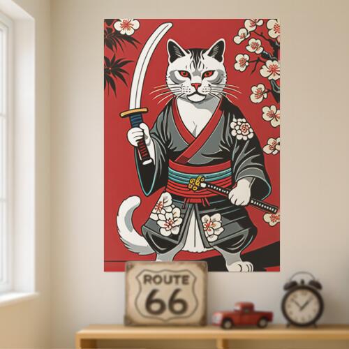 猫 侍 武士道 日本刀 着物 タペストリー 和モダン 和柄 浮世絵風 刺青風 昭和レトロ 壁掛け 大判 長方形 タトゥー ジャパニーズ 男気 アウトロー 壁布 赤 白 黒
