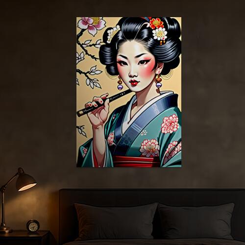 芸者 着物 簪 桜 笛 タペストリー 和モダン 和柄 浮世絵風 刺青風 昭和レトロ 壁掛け 大判 長方形 タト..