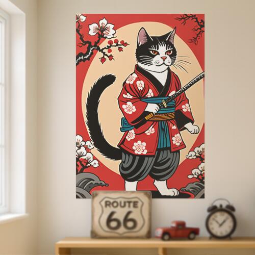 猫 武士 着物 桜 日本刀 タペストリー 和モダン 和柄 浮世絵風 刺青風 昭和レトロ 壁掛け 大判 長方形 タトゥー ジャパニーズ 男気 アウトロー 壁布 赤 白 黒