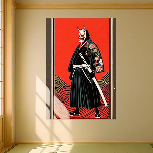 鬼 武士 侍 日本刀 着物 タペストリー 和モダン 和柄 浮世絵風 刺青風 昭和レトロ 壁掛け 大判 長方形 タトゥー ジャパニーズ 男気 アウトロー 壁布 赤 黒 白