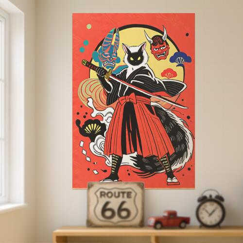 猫又 侍 刀 鬼 和風 タペストリー 和モダン 和柄 浮世絵風 刺青風 昭和レトロ 壁掛け 大判 長方形 タトゥー ジャパニーズ 男気 アウトロー 壁布 赤 黒 白
