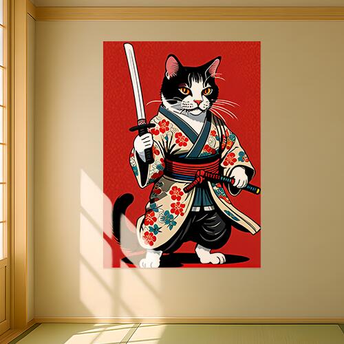 猫 武士 刀 着物 日本 タペストリー 和モダン 和柄 浮世絵風 刺青風 昭和レトロ 壁掛け 大判 長方形 タトゥー ジャパニーズ 男気 アウトロー 壁布 赤 白 黒