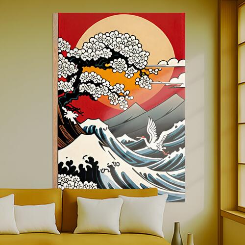 波 鶴 富士山 桜 太陽 タペストリー 和モダン 和柄 浮世絵風 刺青風 昭和レトロ 壁掛け 大判 長方形 タトゥー ジャパニーズ 男気 アウトロー 壁布 赤 オレンジ ベージュ
