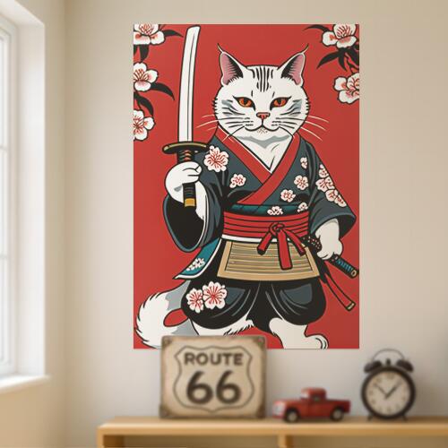 猫 武士 侍 刀 着物 タペストリー 和モダン 和柄 浮世絵風 刺青風 昭和レトロ 壁掛け 大判 長方形 タトゥー ジャパニーズ 男気 アウトロー 壁布 赤 白 黒