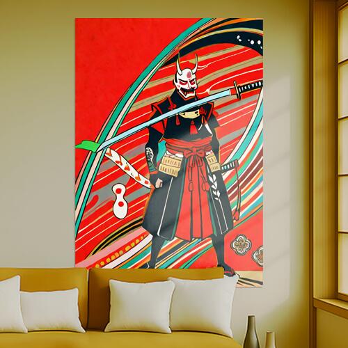 侍 武士道 刀 鎧 鬼 タペストリー 和モダン 和柄 浮世絵風 刺青風 昭和レトロ 壁掛け 大判 長方形 タトゥー ジャパニーズ 男気 アウトロー 壁布 赤 黒 白