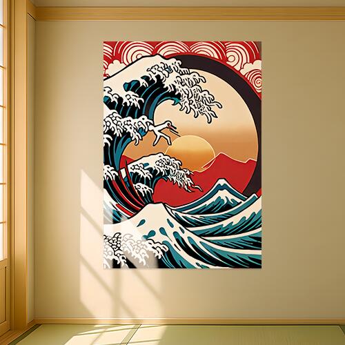 波 海 富士山 太陽 日本画 タペストリー 和モダン 和柄 浮世絵風 刺青風 昭和レトロ 壁掛け 大判 長方..