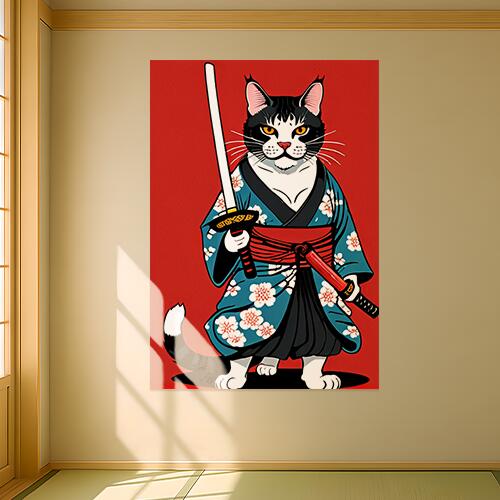 猫 侍 武士道 着物 刀 タペストリー 和モダン 和柄 浮世絵風 刺青風 昭和レトロ 壁掛け 大判 長方形 タトゥー ジャパニーズ 男気 アウトロー 壁布 赤 白 黒