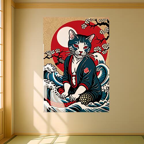 猫 波 着物 桜 月 タペストリー 和モダン 和柄 浮世絵風 刺青風 昭和レトロ 壁掛け 大判 長方形 タトゥー ジャパニーズ 男気 アウトロー 壁布 赤 白 紺
