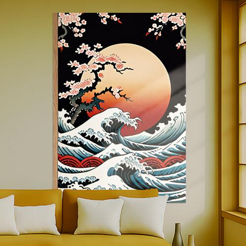 波 月 桜 木 海 タペストリー 和モダン 和柄 浮世絵風 刺青風 昭和レトロ 壁掛け 大判 長方形 タトゥー ジャパニーズ 男気 アウトロー 壁布 黒 白 青