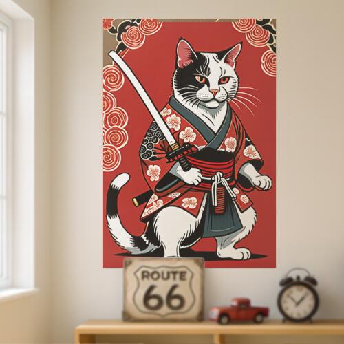 猫 侍 着物 刀 武士道 タペストリー 和モダン 和柄 浮世絵風 刺青風 昭和レトロ 壁掛け 大判 長方形 タトゥー ジャパニーズ 男気 アウトロー 壁布 赤 白 黒