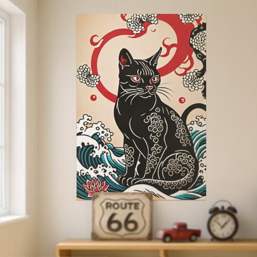猫 波 月 花 幸運 タペストリー 和モダン 和柄 浮世絵風 刺青風 昭和レトロ 壁掛け 大判 長方形 タトゥー ジャパニーズ 男気 アウトロー 壁布 黒 赤 白