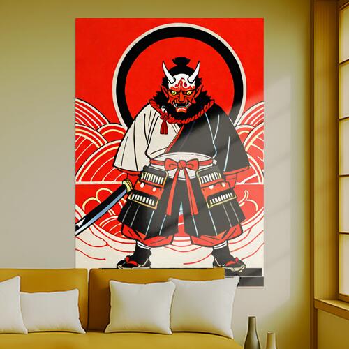 鬼 武士 侍 日本刀 鎧 タペストリー 和モダン 和柄 浮世絵風 刺青風 昭和レトロ 壁掛け 大判 長方形 タトゥー ジャパニーズ 男気 アウトロー 壁布 赤 白 黒