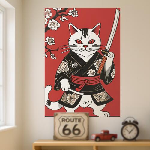 猫 侍 武士道 着物 桜 タペストリー 和モダン 和柄 浮世絵風 刺青風 昭和レトロ 壁掛け 大判 長方形 タトゥー ジャパニーズ 男気 アウトロー 壁布 赤 白 黒