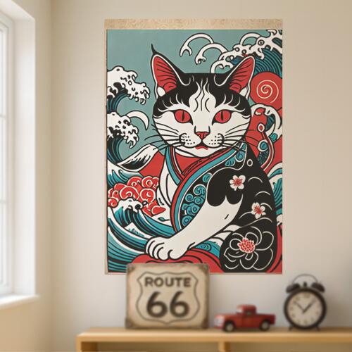 猫 波 着物 花 浮世絵 タペストリー 和モダン 和柄 浮世絵風 刺青風 昭和レトロ 壁掛け 大判 長方形 タトゥー ジャパニーズ 男気 アウトロー 壁布 赤 黒 白